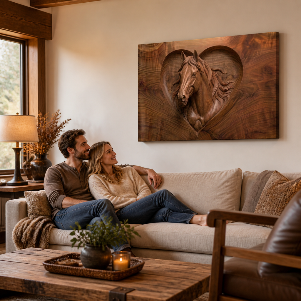 Wood Sculpture Horse Head with Heart 5-Panel Canvas Wall Art
