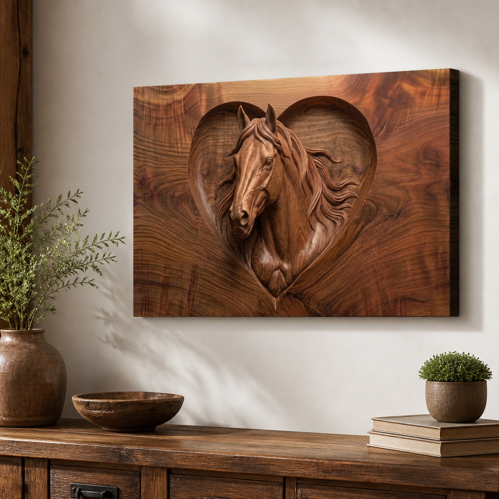 Wood Sculpture Horse Head with Heart 5-Panel Canvas Wall Art