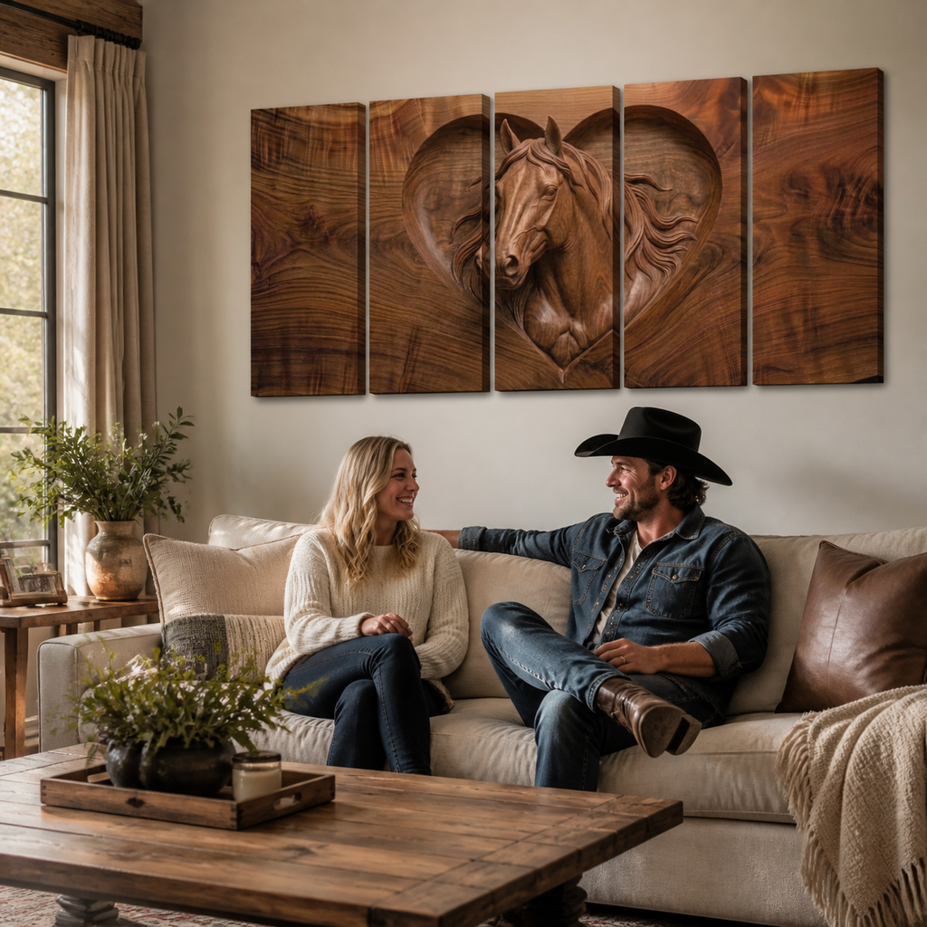 Wood Sculpture Horse Head with Heart 5-Panel Canvas Wall Art