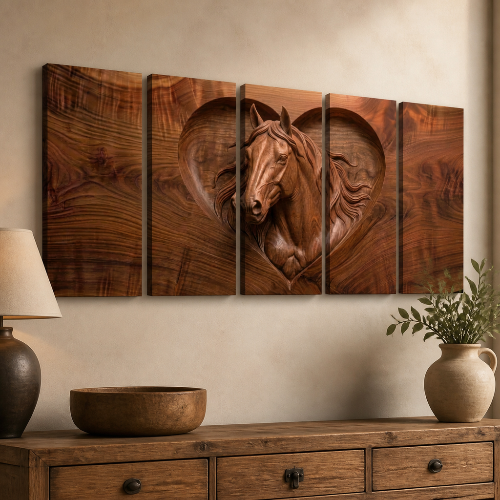Wood Sculpture Horse Head with Heart 5-Panel Canvas Wall Art