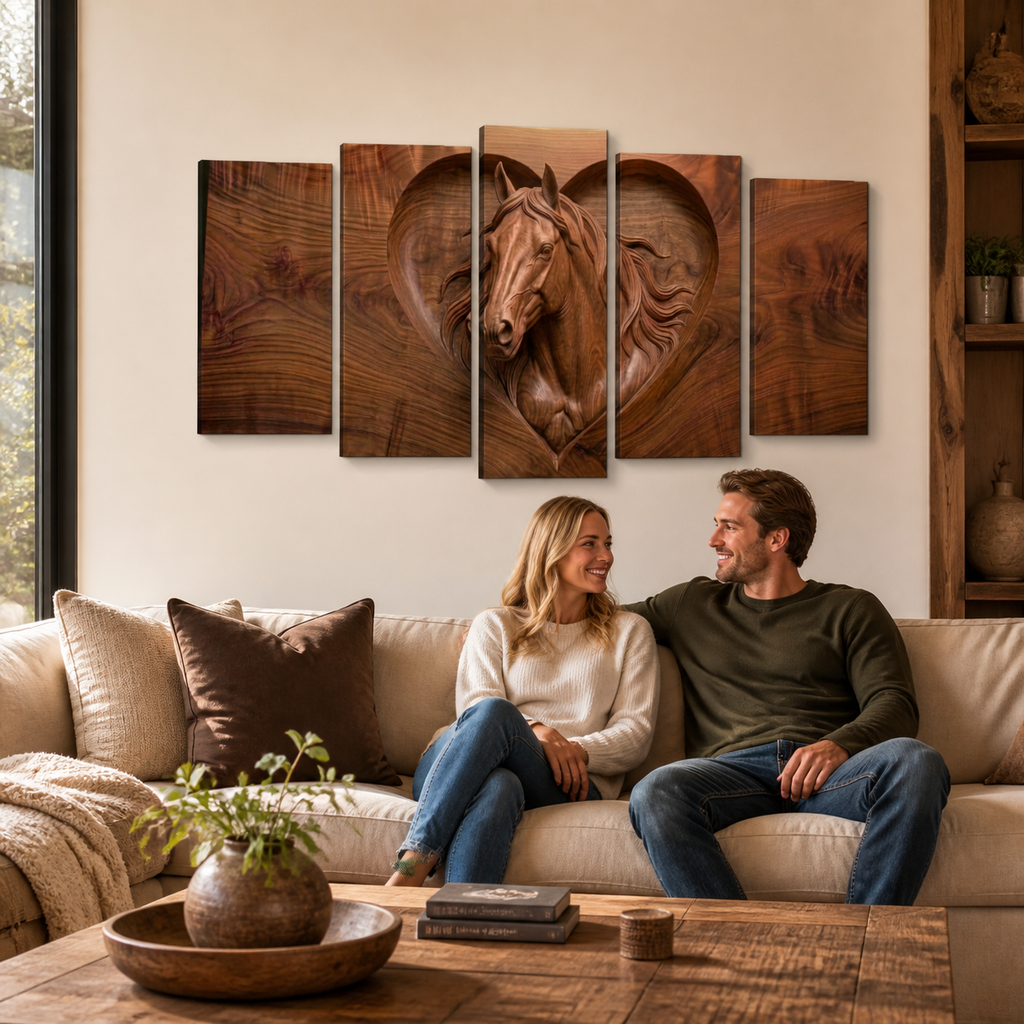 Wood Sculpture Horse Head with Heart 5-Panel Canvas Wall Art