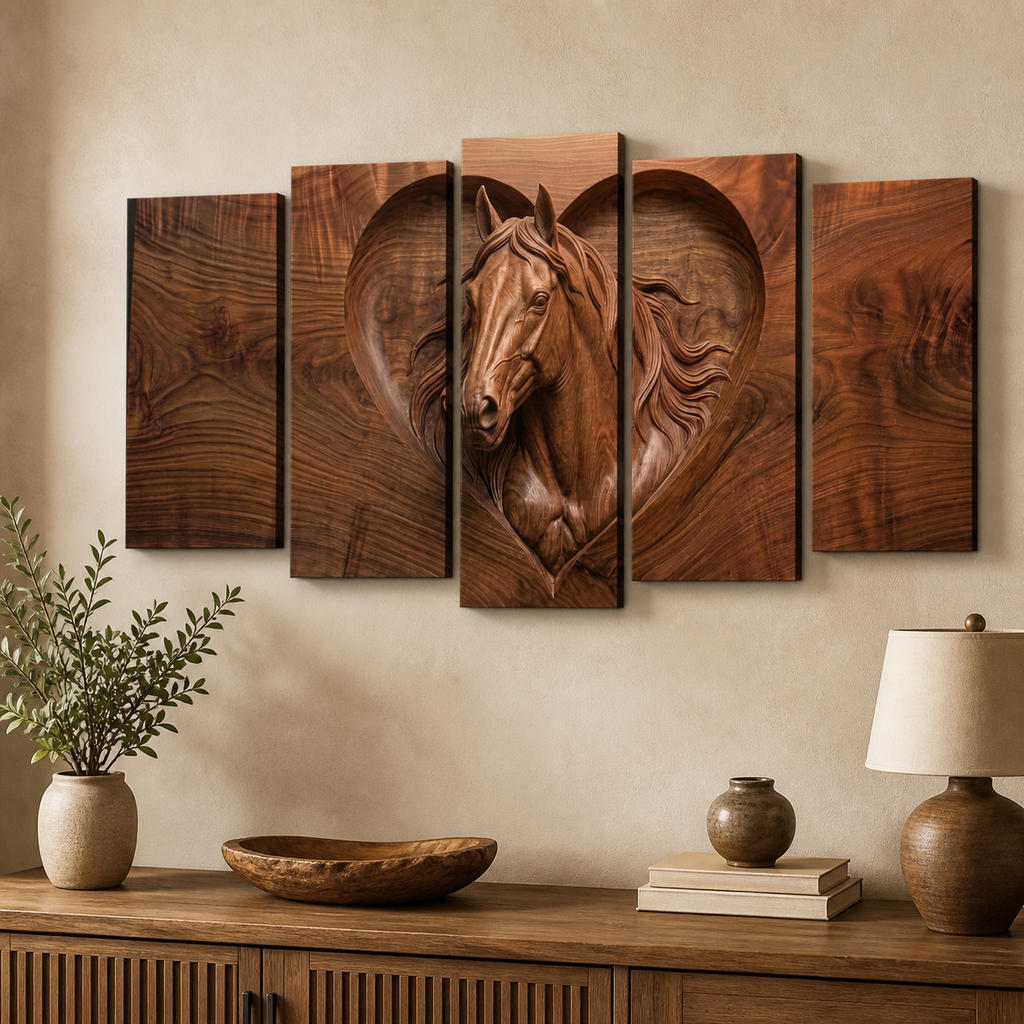 Wood Sculpture Horse Head with Heart 5-Panel Canvas Wall Art