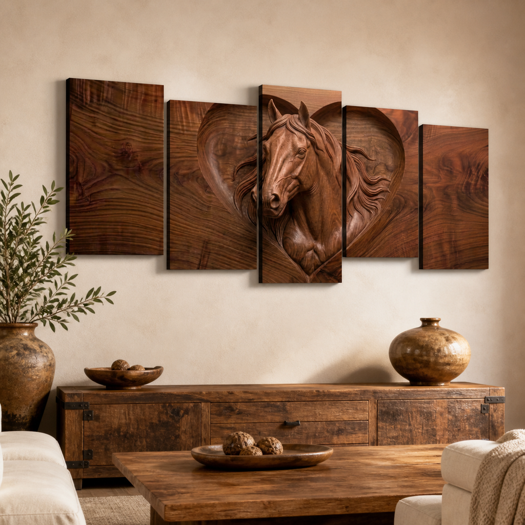 Wood Sculpture Horse Head with Heart 5-Panel Canvas Wall Art