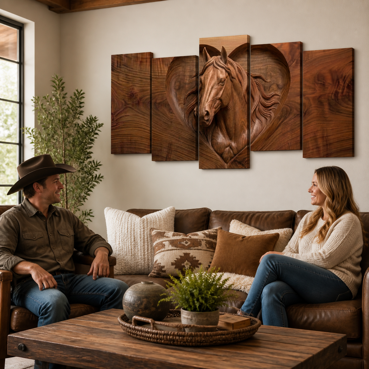 Wood Sculpture Horse Head with Heart 5-Panel Canvas Wall Art