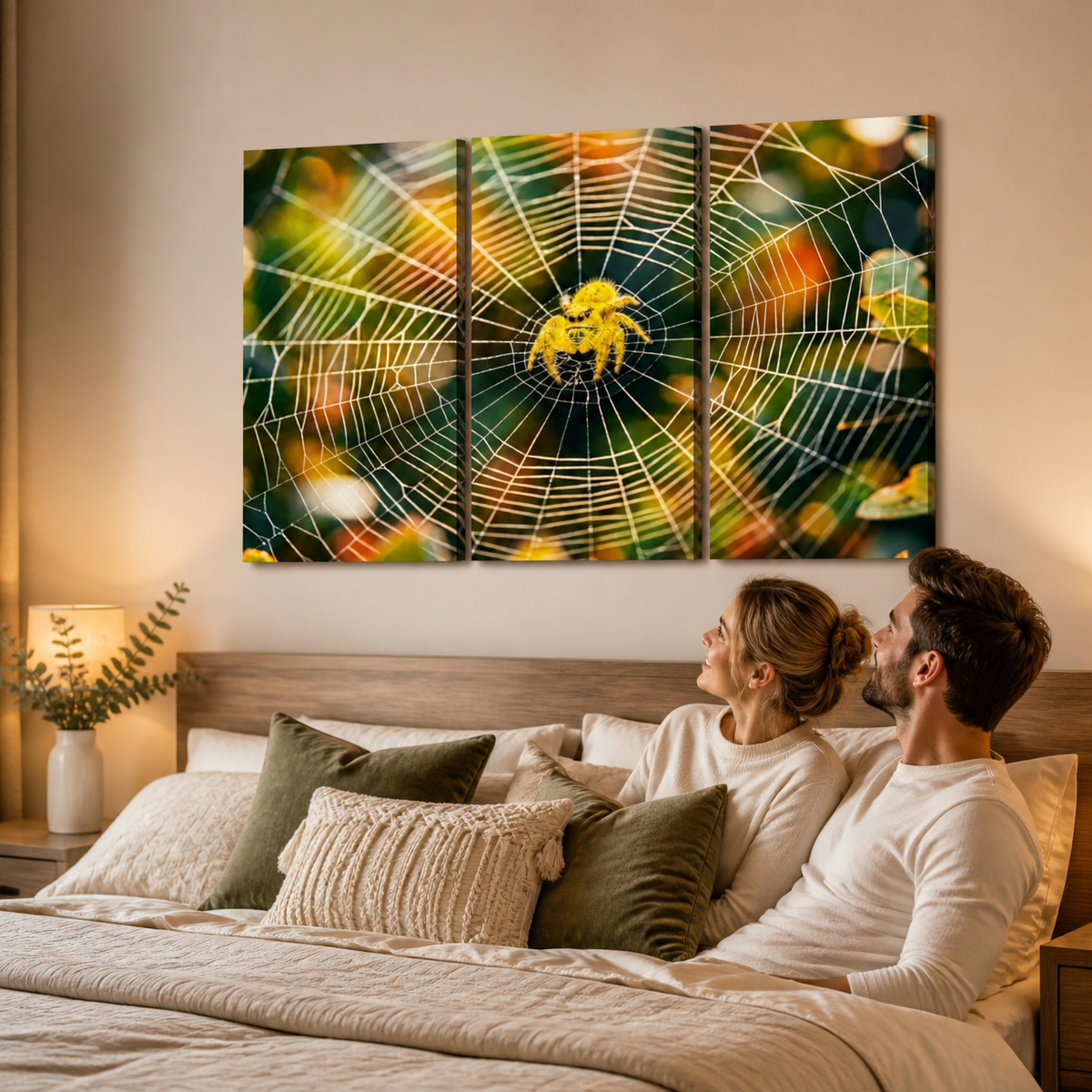 A couple sits on a bed in a warmly lit bedroom, looking up at a three-panel wall art print depicting a yellow spider on a detailed spiderweb against a blurred green and orange background.