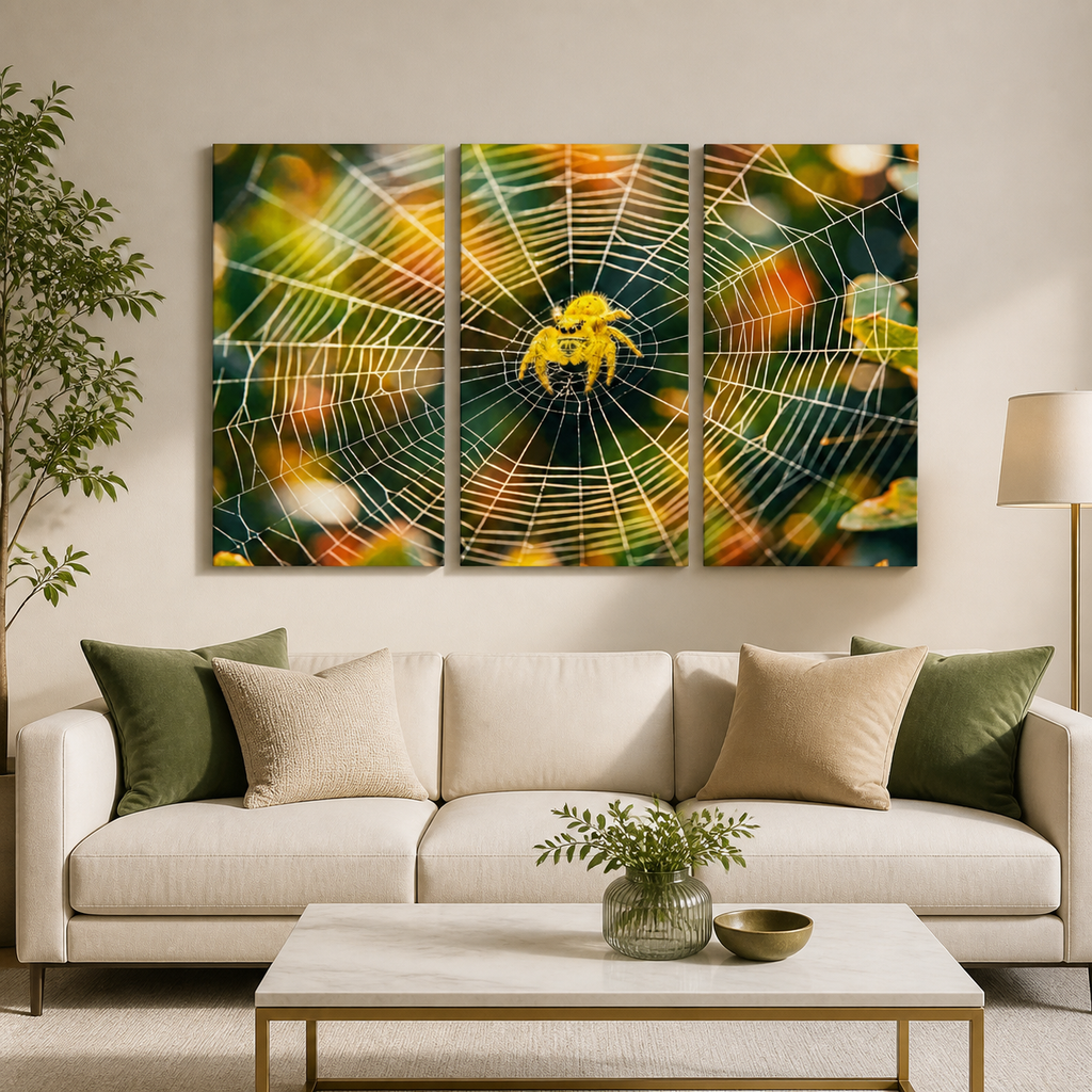 A three-panel canvas wall art set depicting a yellow  jumping spider on a detailed web, styled in a modern living room above a beige sofa with green and beige pillows.