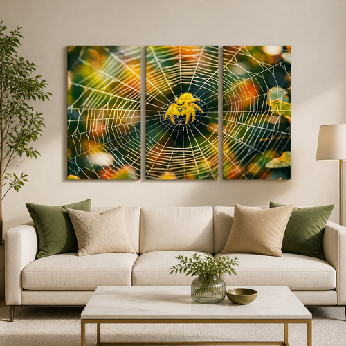 A three-panel canvas wall art set depicting a yellow  jumping spider on a detailed web, styled in a modern living room above a beige sofa with green and beige pillows.