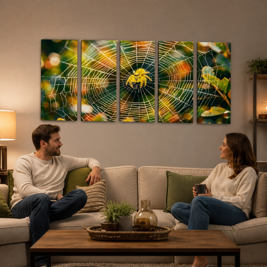 A couple sits on a beige sofa in a warmly lit living room, facing a five-panel canvas wall art set depicting a yellow  jumping spider centered within a detailed green and orange spiderweb against a blurred natural background.