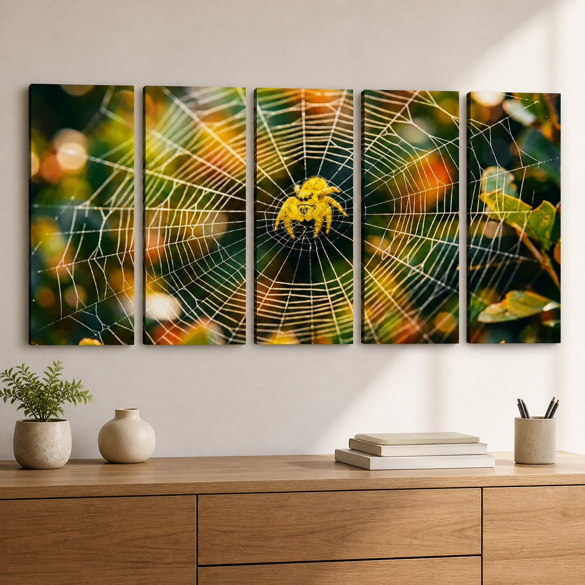 A five-panel canvas wall art set depicting a yellow  jumping spider centered on a detailed spiderweb against a warm, blurred green and orange background, displayed on a wall above a wooden console table with decorative vases and books.