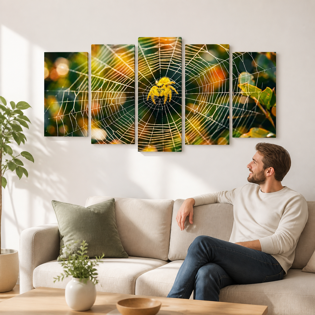 A man sits on a beige sofa in a bright living room, looking at a five-panel canvas wall art set depicting a yellow  jumping spider on a green and orange spiderweb against a blurred natural background.