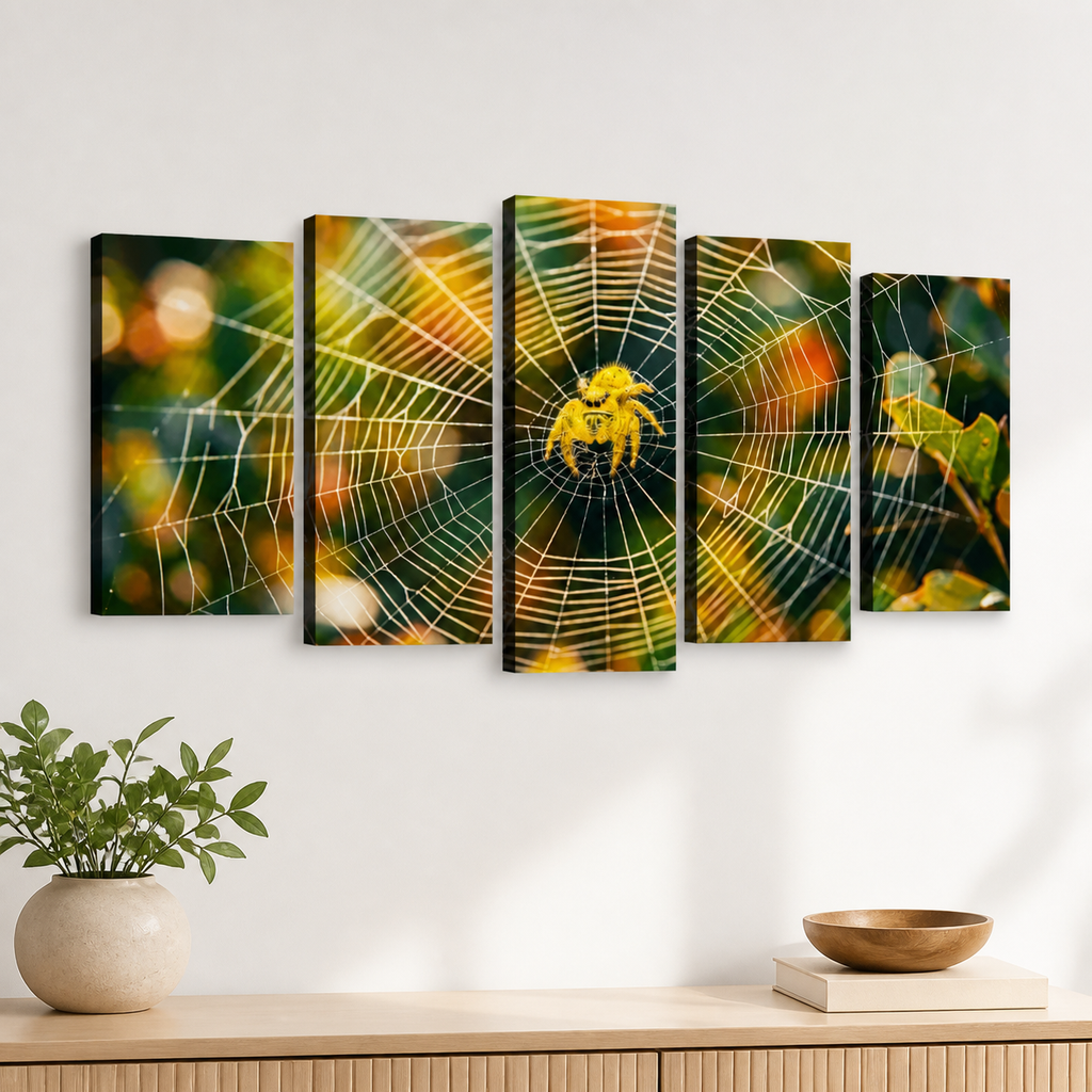 Five-panel canvas wall art depicting a yellow jumping spider centered on a detailed spiderweb with warm green, orange, and yellow bokeh background, displayed on a white wall above a wooden console with a plant and bowl.