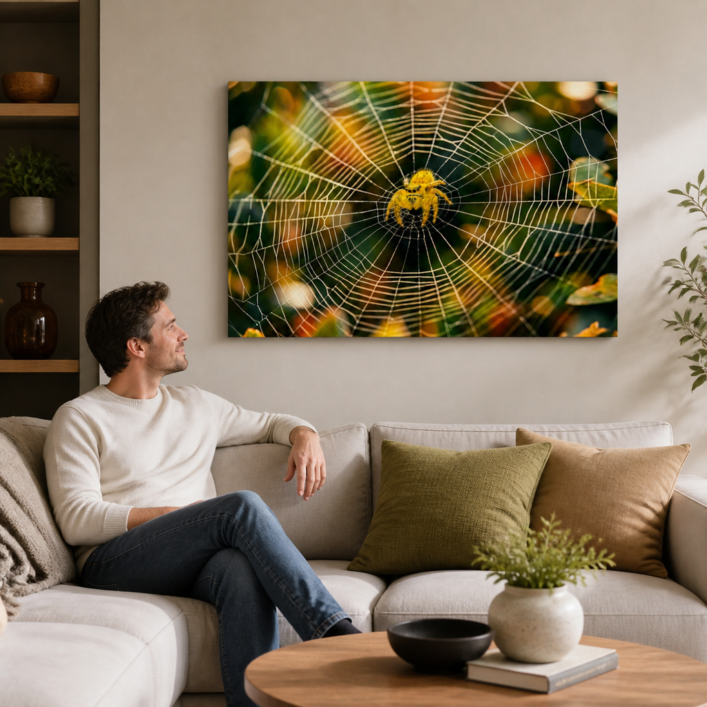A man sits on a light beige sofa in a modern living room, looking at a large rectangular wall art print depicting a golden spider on a colorful, blurred autumn leaf web background.
