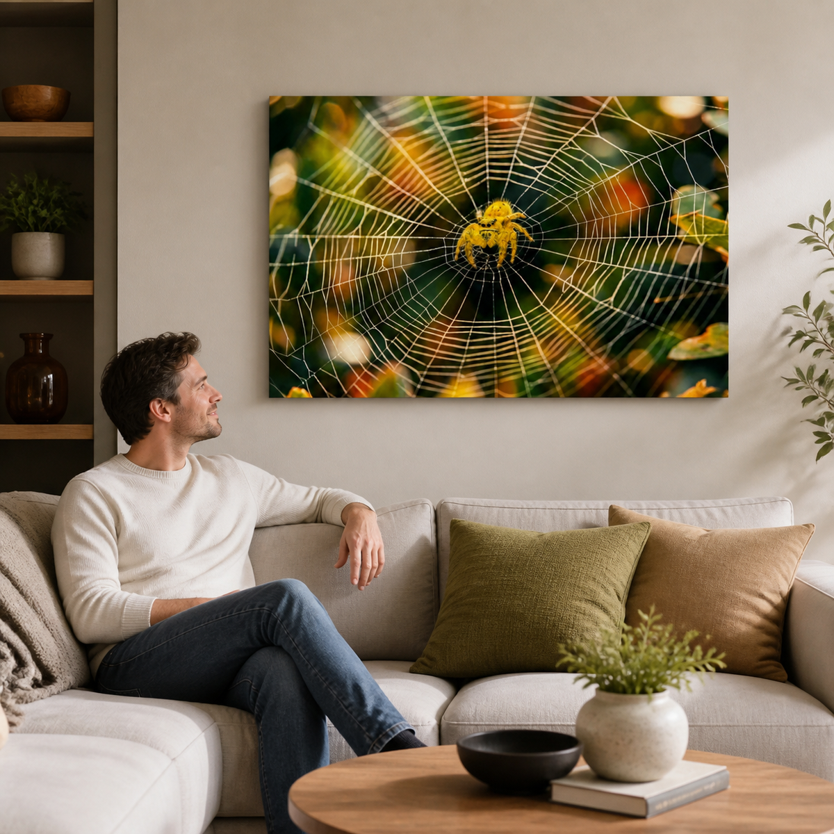 A man sits on a light beige sofa in a modern living room, looking at a large rectangular wall art print depicting a golden spider on a colorful, blurred autumn leaf web background.