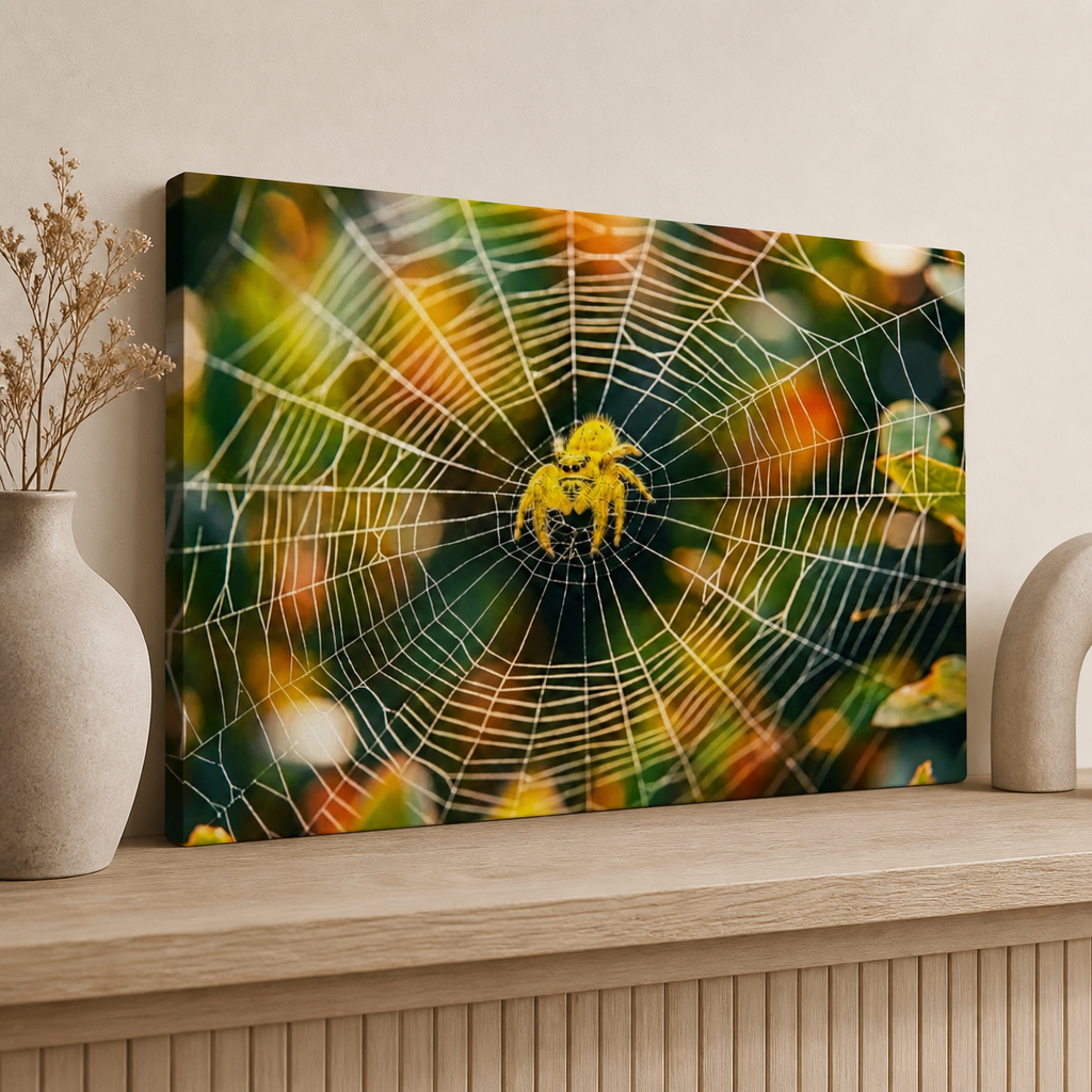 A rectangular wall art print or canvas showing a yellow spider centered in a detailed spiderweb, styled on a light wood shelf beside a beige vase with dried stems and a curved ceramic object against a warm beige wall.