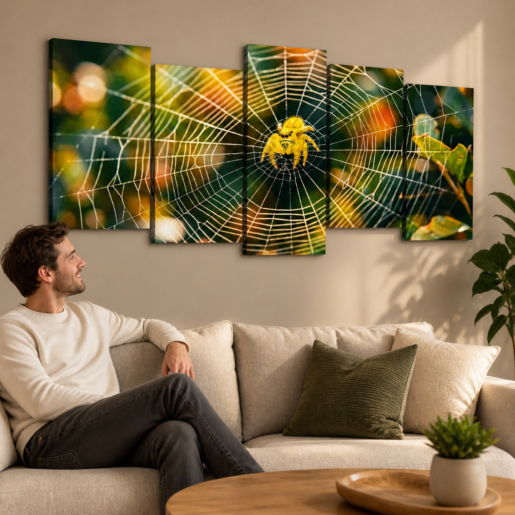 A man sits on a beige sofa in a living room, looking at a five-panel canvas wall art set depicting a yellow  jumping spider on a detailed cobweb with warm green, orange, and yellow bokeh background.