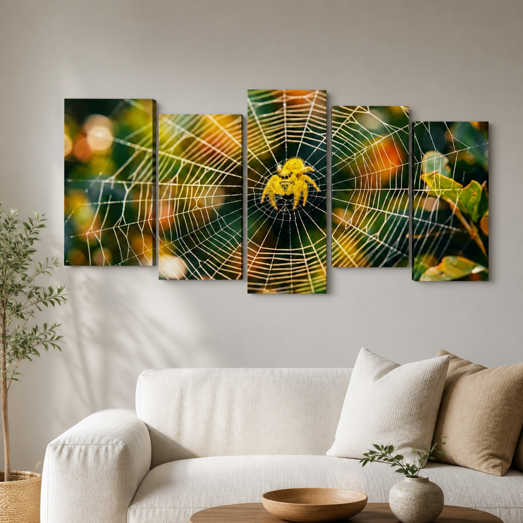 A five-panel canvas wall art set depicting a golden spider on a detailed spiderweb against a warm, blurred green and orange background, displayed on a light gray wall above a modern white sofa.